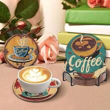 8件套钻石画杯垫带支架，DIY咖啡图案钻石画杯垫，适合成人和初学者的钻石画套装，钻石画工艺用品，精美礼品，送给朋友