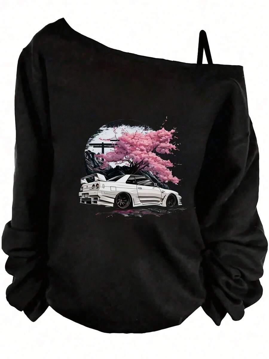 Valentine's Day, Cherry Blossom Graphic Print, Off-Shoulder Loose Long Sleeve Top, Y2K, Streetwear, Date Night Outfit,Essentials Hoodie - 黑色 - 查看 1