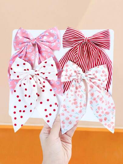 4 件套复古花卉条纹蝴蝶结发夹，包含花卉、条纹和波点三种复古元素 - 适合女孩和女士，可搭配休闲、复古和正式服装，满足各种场合的造型需求，包括爪夹、发夹和发卡。