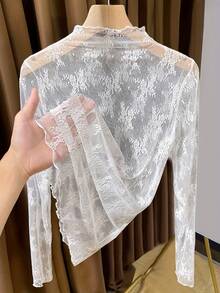 女士蕾丝高领打底衫，时尚网纱长袖上衣 - 白色 - 查看 7