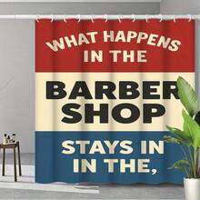 Cortina de ducha con tema de barbería con rayas de poste de barbero y diseño de silla de barbero - Decoración de baño de alta calidad en rojo/blanco/azul, patrón de letrero de barbería retro grande de 70.8x70.8 pulgadas, lavable a máquina con ganchos para salón o, 2D plano - Multicolor - Ver 4