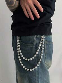 1pc Plain Rhinestone Pearl Dual Chain Punk Style Pants Chain Keychain, Waist Decor Suitable For Gifts, Parties, And Daily Wear - Bạc - Xem 2