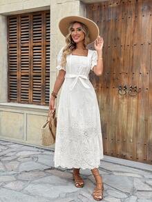 Floral Dress, Evangelical Fashion, Straight Neckline, Embroidered, Long, Lined, With Elastic Waist, Short Sleeves, Tie Detail, Elegant For Parties - 白色 - 查看 3