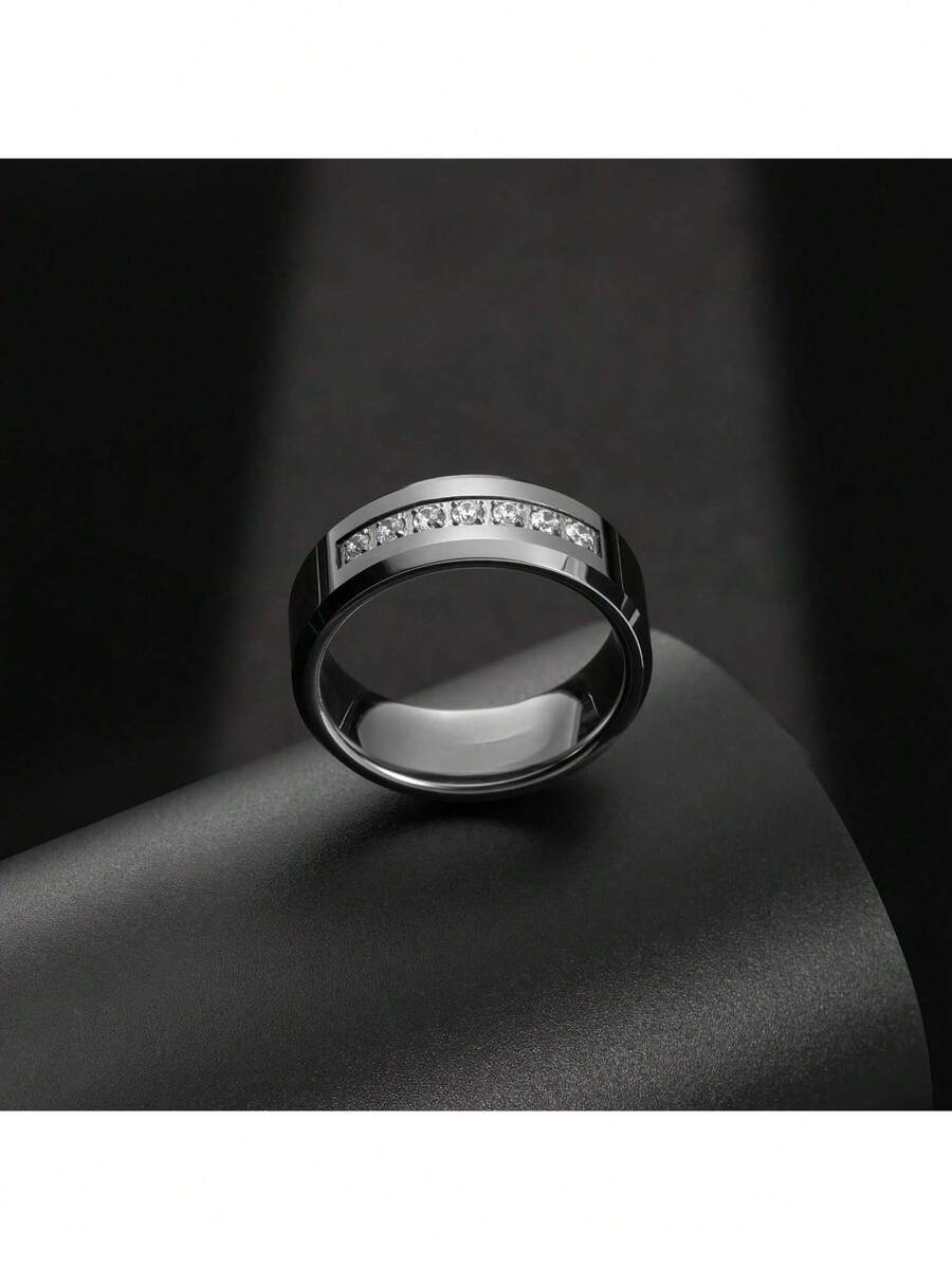 Men's Fashion 8mm 304 Stainless Steel Silver Square Zirconia Tungsten Ring - US Sizes 7-12 - Silver-7 - View 1