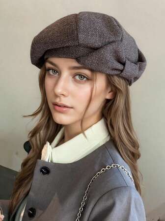 1pc Women's Hat, Solid Color Beret With Bow, Autumn/Winter Warm Outdoor Sports Commute Shopping Elegant Petite Painter Cap, Fashion Versatile Retro Minimalist Hatless Beret, Suitable For Daily And Holiday Use