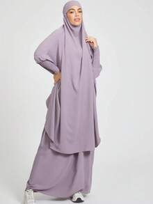 2pcs, 1pc Breathable Soft Fabric Khimar Hijab Paired With 1pc Elegant Versatile Abaya Dress, Suitable For Muslim Women's Daily Wear And Prayer, All Season