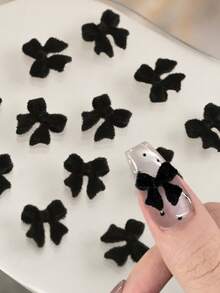 50pcs Mixed Winter Flocked Cute Black Bowknot Nail Art Decorations, 3D Flocked Kawaii Resin Ribbon Bow Decor, DIY Nail Art Accessories - Black - View 6