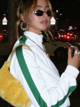 Colorblock Graphic Print Zip-Up Loose Fit Turtleneck Sweatshirt For Women, Autumn/Winter