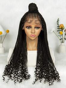 A ANYTIME 26 Inch Black Bohemian Braided Wig, Curly Ends, Heat Resistant Synthetic Fiber, Breathable Cap, Suitable For All Women, Fashionable African Curly Hairstyle, Multifunctional Wig - Elegant Wig