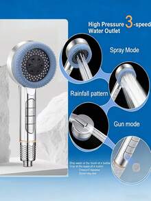 Prague Piano Key Design Shower Head Set, 4 Modes High Pressure Handheld Massage Sprayer Kit With On/Off Switch, Includes Easy Install Wall Mount Bracket And 59-Inch Flexible Hose, 4 Different Spray Patterns - Silver - View 5