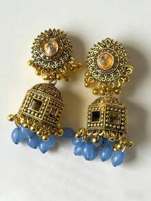 Elegant Vintage Exotic Style Earrings, Golden Bell Pendant, Hollow Pendant Design, Inlaid Crystal, Suitable For Women's Daily Wear - Jhumka - View 6