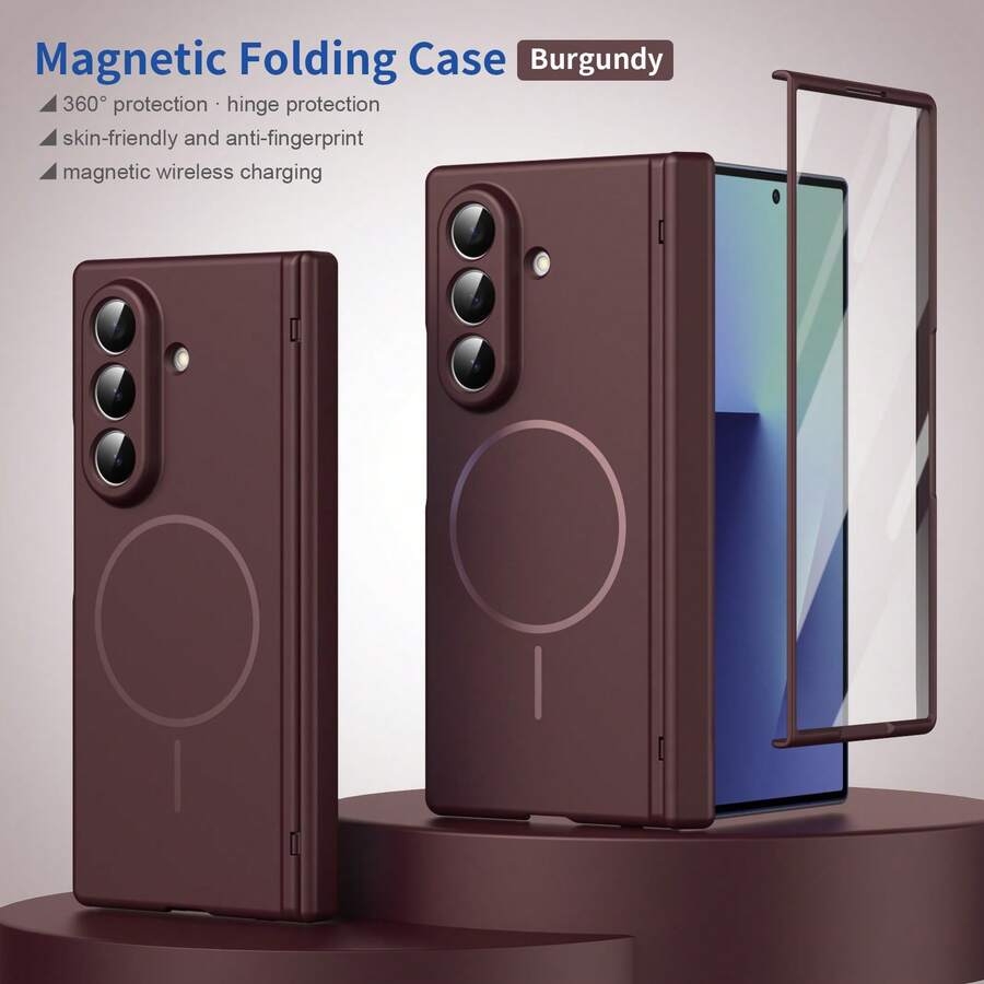 VIETAO 適用於 Galaxy Z Fold 8 Ultra 7 6 5 4 的鋼化銀河螢幕保護膜磁吸無線充電可折疊全包覆手機殼 - 酒紅色 - 查看 1
