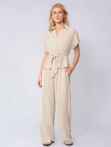 KATCH ME Women's Versatile Collared Rolled-Up Short Sleeve Top & Wide Leg Trousers Co-Ord, Soft Womenswear For Spring & Summer - Beige - View 3