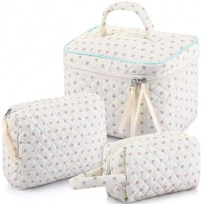 Paterr 3 Pieces Cotton Quilted Makeup Bag Set Coquette Cosmetic Bag Aesthetic Travel Toiletry Pouch Cute Pouch Kawaii Aesthetic For Women(White,Little Flower)