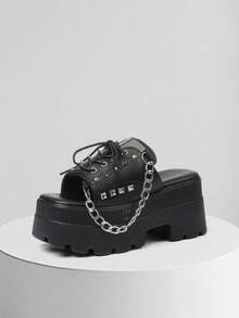 Fashionable Gothic Platform Sandals For Women Open Toe Elegant Casual Wedge Heel Punk Shoes Black Chain Studded Lace Up Party Outdoor Casual Summer Style Comfy Shoes Women Dressy - 黑色 - 查看 2