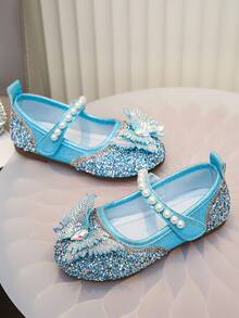 1 Pair Girls' Multi-Color Rhinestone Butterfly Princess Shoes, Pearl Decor Soft Bottom Shoes, Suitable For Spring, Summer, Graduation Party, Performance, Fashionable Little Shoes - Blue - View 4