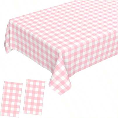 2 Pcs Pink Gingham Tablecloth, Disposable Plastic Pink Checkered Table Cloth, Pink White Plaid Table Cover Outdoor Picnic, Wedding, Bridal Shower, Birthday Party 54x 108 Inch