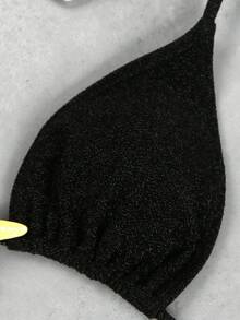 海岛度假风奢华黑色亮片海星比基尼，挂脖系带高弹亲肤泳衣，浪漫约会装扮 - 黑色 - 查看 3