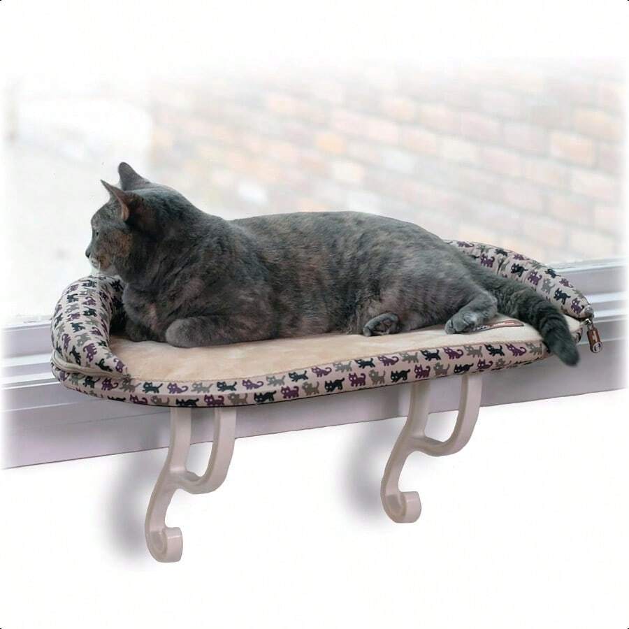Pet Products 3097 Kitty Sill Deluxe with Bolster Tan Kitty Print 14" x 24" - Impresinbronceadogatito - Ver 1