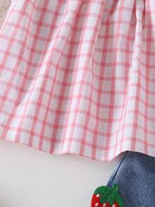 2pcs Girls Toddler Casual Strawberry Plaid Top + Blue Denim Shorts Set, Summer Vacation Outfit - Pink - View 6