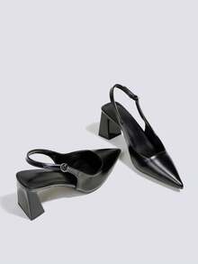 女士黑色7厘米粗跟高跟鞋，正式礼服凉鞋，派对婚礼高跟鞋，露跟尖头高跟鞋 - 黑色 - 查看 4