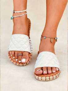 planare Vacation Outdoors Flat Slippers For Women, Quilted Single Band Artificial Leather Open Toe Slide Sandals,Spring Summer Outfits - White - View 2