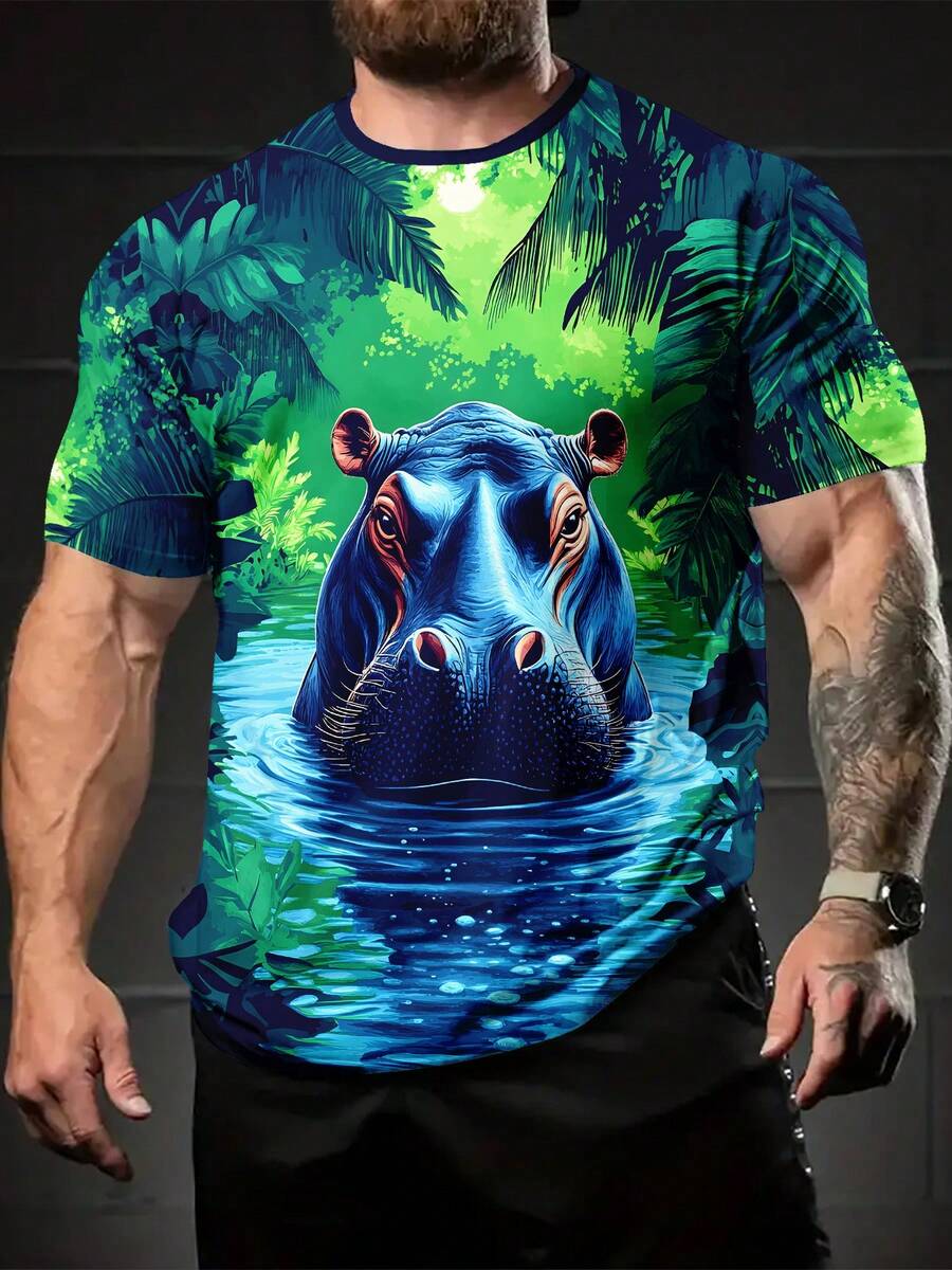 Summer Men's Digital Print Fresh And Natural Hippo Jungle Pattern, Summer Fashion Short Sleeve T-Shirt, Casual Comfortable Versatile Men's Clothing - Mixed Colors - View 1