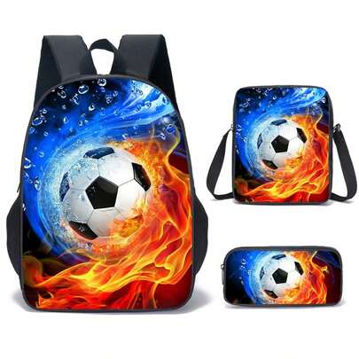 3pcs/Set Backpack, Football/Game Pattern, Unisex, Includes Messenger Bag, Pencil Case And Backpack