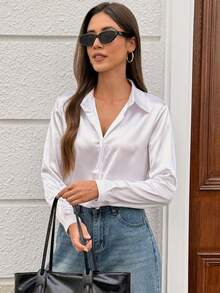优雅翻领前扣长袖仿丝缎面女式衬衫 - 白色 - 查看 6