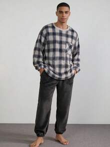 Snug League 2pcs Men Flannel Fluffy Pajama Set, Round Neck Pullover Pocket Patched Top & Pants Casual Loungewear For Autumn/Winter, Fall Winter Clothes, Cozy - Apricot - View 1