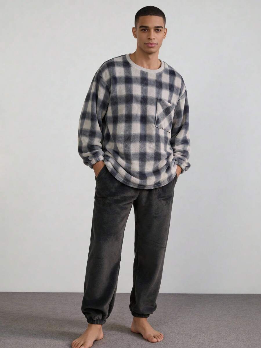 Snug League 2pcs Men Flannel Fluffy Pajama Set, Round Neck Pullover Pocket Patched Top & Pants Casual Loungewear For Autumn/Winter, Fall Winter Clothes, Cozy - Apricot - View 1