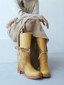 Wide Calf Boots Women's Knee High Boots Square Toe Chunky Block Heel Long Boots Pull On Riding Boots Knight Boots - Màu vàng - Xem 9
