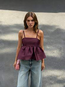 2026 Spring/Summer New Sexy Backless Square Neck Dopamine Purple Ruffle Trim Camisole Top, Holiday Outfit, Summer Vacation Wear, Music Festival Attire, Concert Outfit, Birthday Outfit, Date Night Set, Beach Resort Style, Street Fashion - Purplish-red - View 5