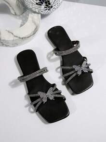 女士法式水晶装饰凉拖，夏季新款，适合搭配连衣裙，低跟设计，适合海滩、居家、休闲、派对、外出、约会等场合。 - 黑色 - 查看 8