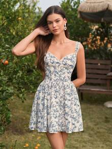 PARTHEA V领蕾丝拼接纽扣门襟饰边褶皱修身格纹吊带连衣裙度假款 - 藍白色 - 查看 4