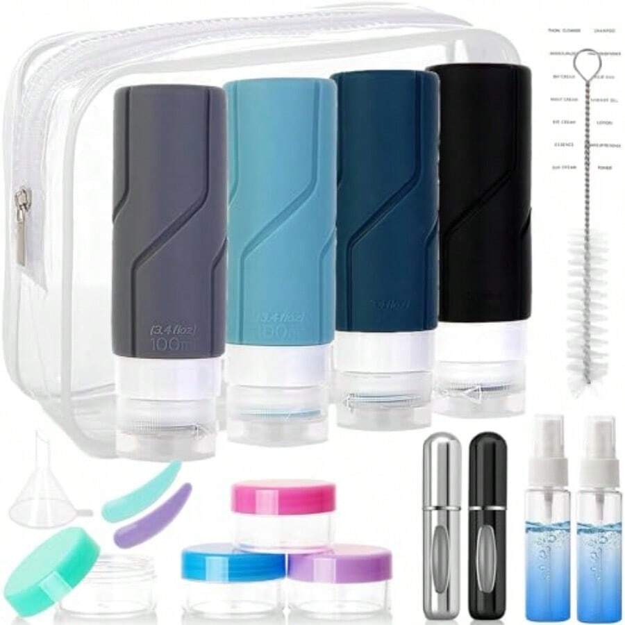 Juego de 18 Botellas De Viaje De Silicona botellas a prueba de fugas de 3.4 onzas/100 ml con etiqueta botellas de viaje portatil sin BPA kit de viaje recargable travel entials Estilo A - EstiloA - Ver 1