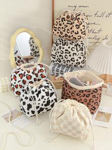 Stylish Drawstring Cosmetics Bag Leopard Print Makeup Bag Large Capacity Cosmetics Pouch Corduroy Make Up Bag Minimalist Grid Pattern Makeup Drawstring Pouch Women's Travel Cosmetics Bag Travel Toiletry Bag Fashionable Toiletries Bag Cosmetic Bag Makeup Pouch Wash Bag Makeup Storage Durable Mothers Day Gift Holiday Essentials Mother Gifts - Multicolor - View 2