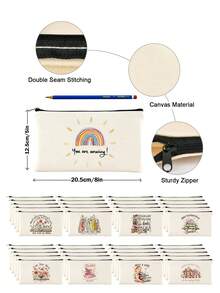 1/5pcs Floral & Book Reading Themed Canvas Zipper Storage Bags Set, Creative "You're Awesome" Motivational Gift, Suitable For Back To School, Graduation, Travel, Birthday, Anniversary, Teacher's Day, Appreciation Gifts For Classmates, Friends, Students And Teachers Makeup Bag - Beige - View 11