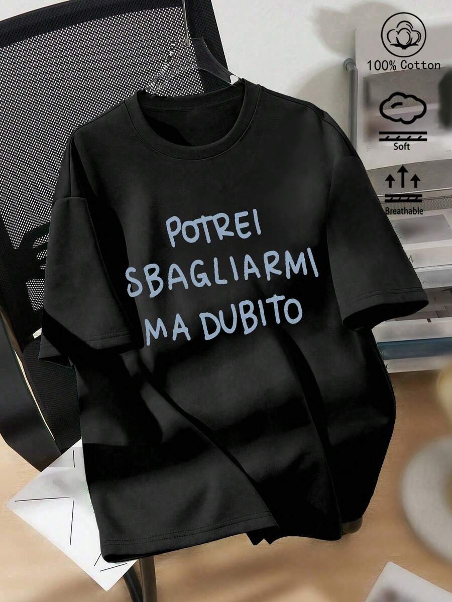 100%纯棉女士T恤，黑色短袖T恤，印有意大利标语，大码，春夏秋冬新款，女士运动服，时尚，柔软透气女士短袖上衣 - 黑色 - 查看 1