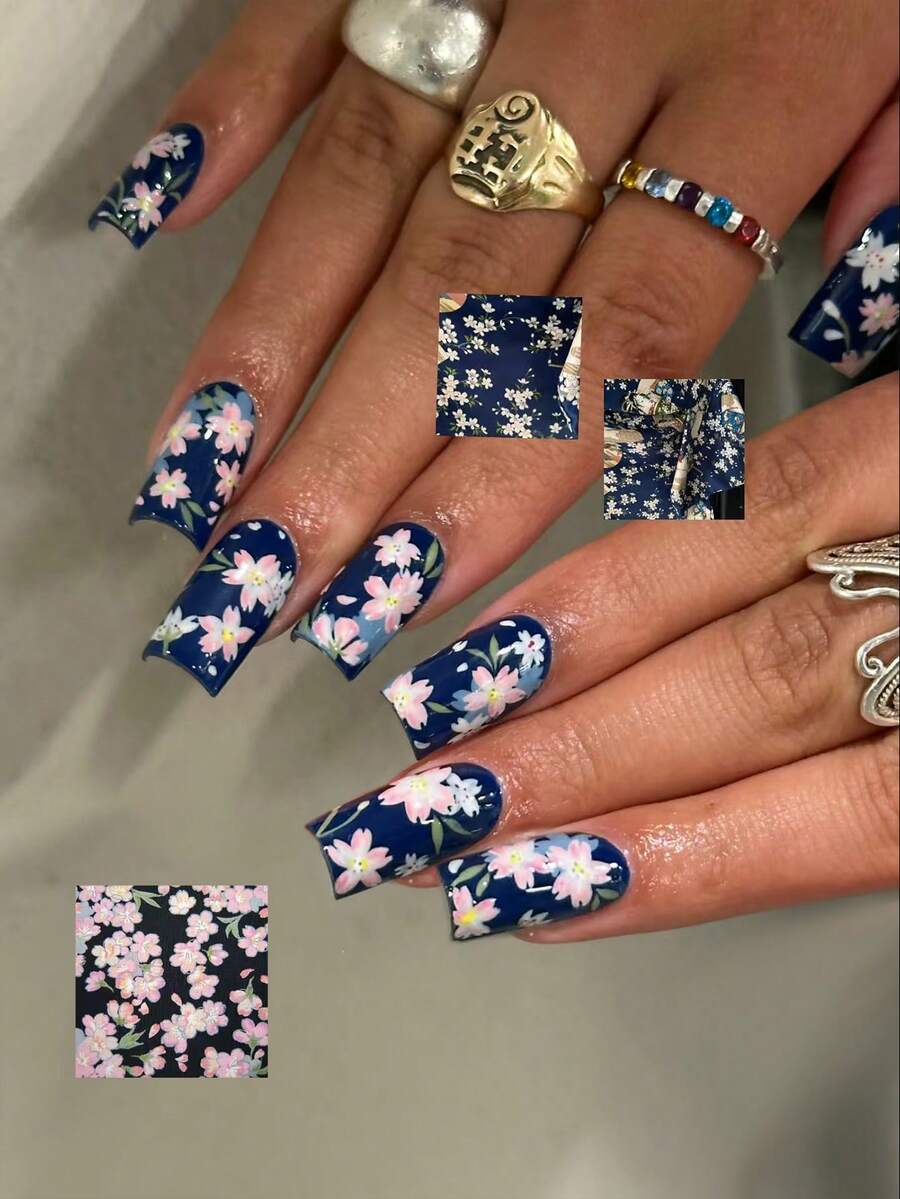 24片装中国风花卉亚克力短款美甲贴片套装，包含：1片果冻胶和1把指甲锉。花卉美甲和夏季美甲设计，让您的指尖闪耀动人，适合女性和女孩日常工作和派对佩戴。美甲用品 - 彩色 - 查看 1