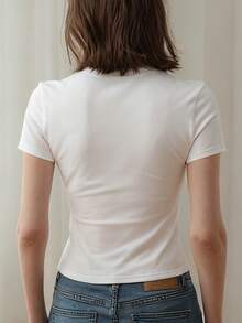 Women's Summer New Simple Casual Slim Fit Round Neck Short T-Shirt, Fashionable And Versatile, Comfortable For Daily And Leisure Wear. Women's T-Shirt Top. White - White - View 3