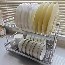 大容量不锈钢双层沥水架，带滴水盘、砧板架和餐具架，多功能防锈沥水架，适用于家用厨房台面，节省空间，易于清洁，经久耐用。 - 銀色 - 查看 5