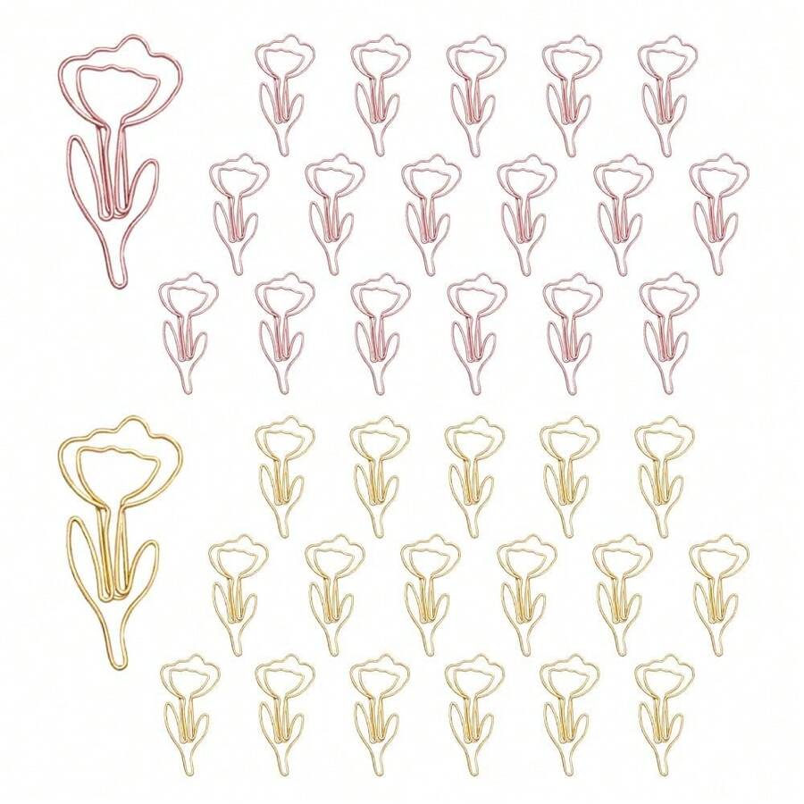 36pcs Flower Shape Paper Clips With Clear Box, Rose Gold And Yellow Gold, Funny Cute Paperclips Bookmarks Planner Clips For Fun Office Supplies Schoolsss Gifts Wedding Decoration - 花朵30件 - 查看 1