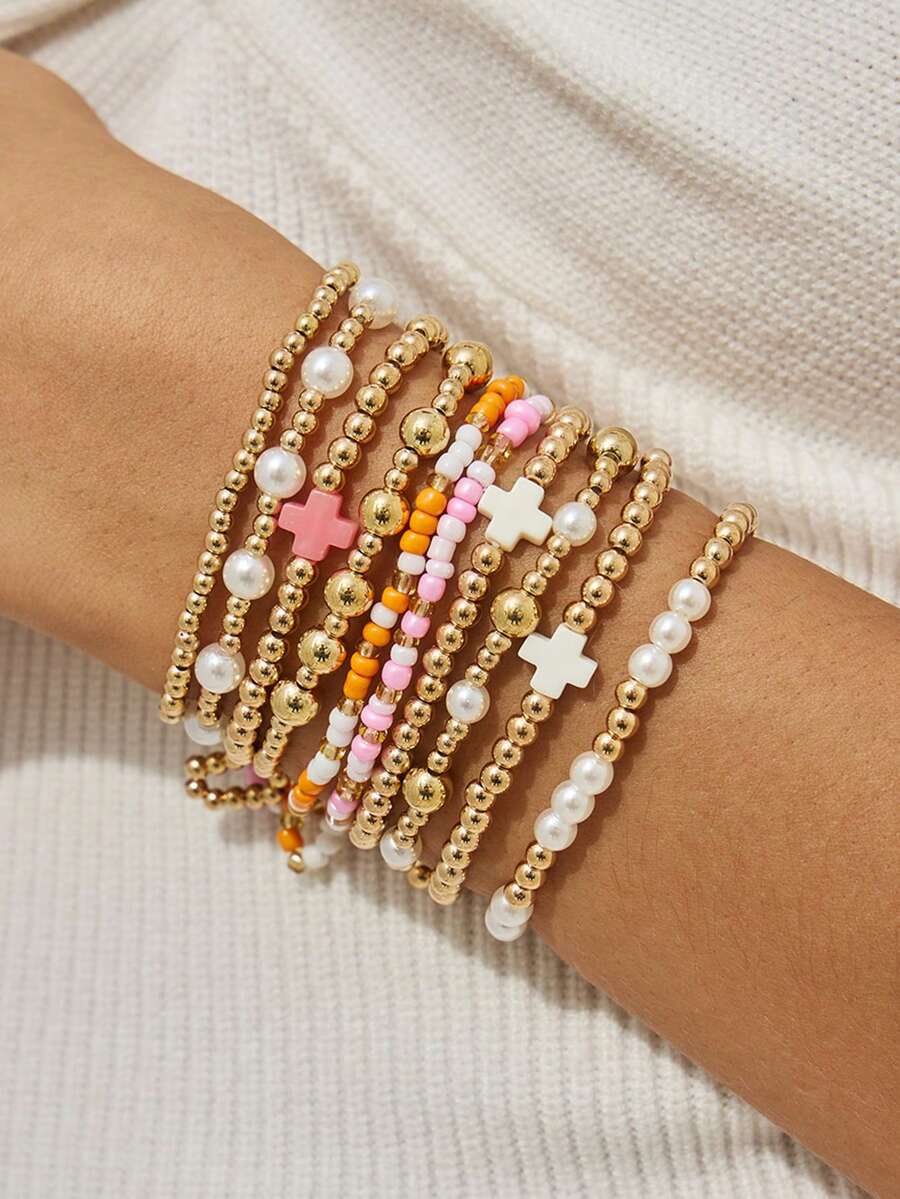 10 piezas Brazalete bohemio elegante y de moda con cuentas de perlas falsas, adecuado para que las mujeres lo usen en vacaciones y fiestas