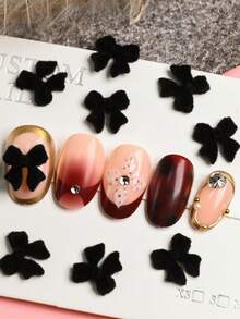 50pcs Mixed Winter Flocked Cute Black Bowknot Nail Art Decorations, 3D Flocked Kawaii Resin Ribbon Bow Decor, DIY Nail Art Accessories - Black - View 2