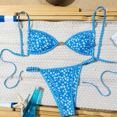 wohenmeili Women's Summer Vacation Beach Ditsy Floral Bikini Set