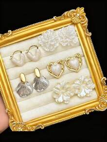 5 Pairs Elegant Sweet Drip Glaze Heart & Camellia Flower Shell Minimalist Luxury Cute High-End Design Stud Earrings Set, Suitable For Women, Valentine's Day, Daily Wear, Festivals - Set a - View 9