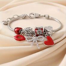 Fashionable Flame Red Lip Pendant Beaded Bow Heart Rose Bracelet, Romantic Gift For Valentine's Day, New Year
