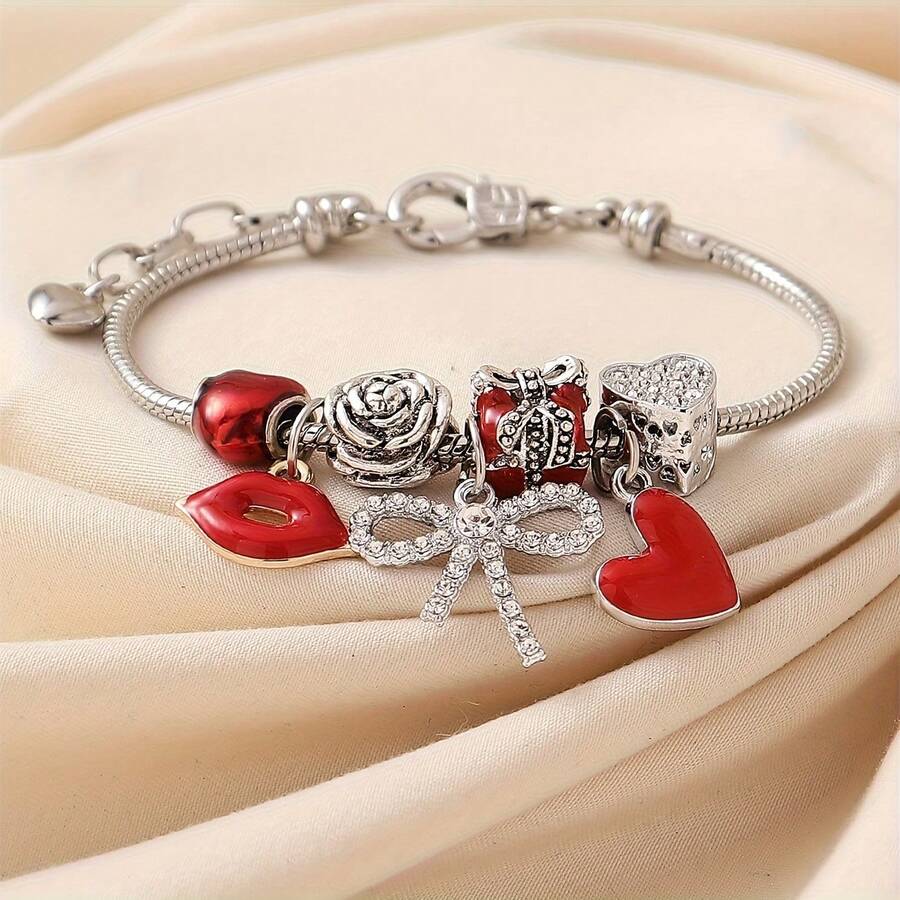 Fashionable Flame Red Lip Pendant Beaded Bow Heart Rose Bracelet, Romantic Gift For Valentine's Day, New Year