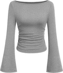 Womens Long Sleeve Shirts 2026 Spring Crop Going Out Tops Casual Boat Neck Sleeve Ribbed Ruched Y2K Clothes - Grey - View 1